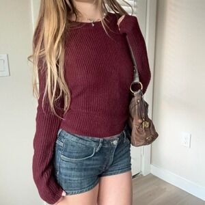 Burgundy knit sweater with lace-up back • ✧